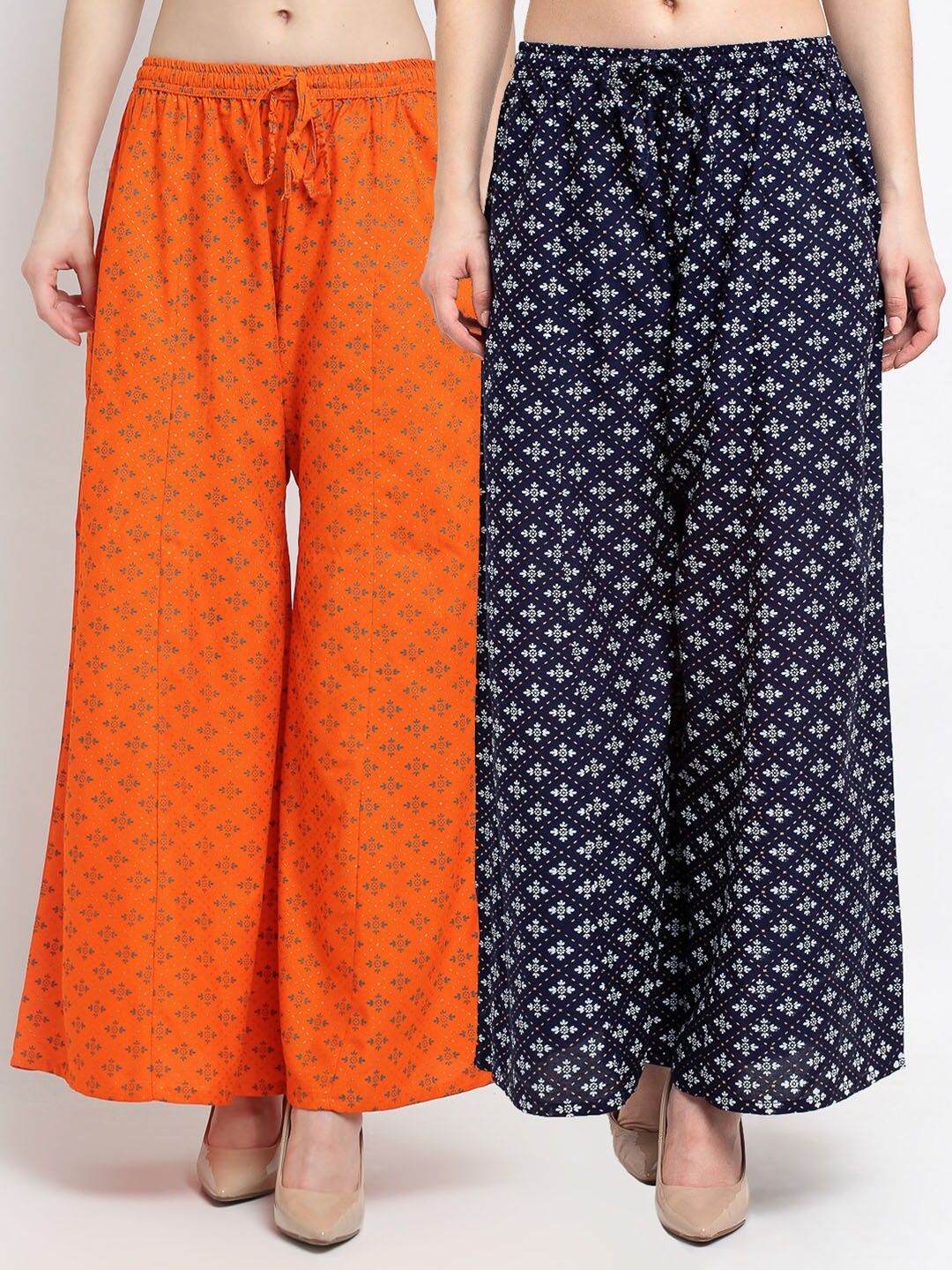 Jinfo Women Orange & Navy Blue Set Of 2 Printed Flared Ethnic Palazzos Price in India