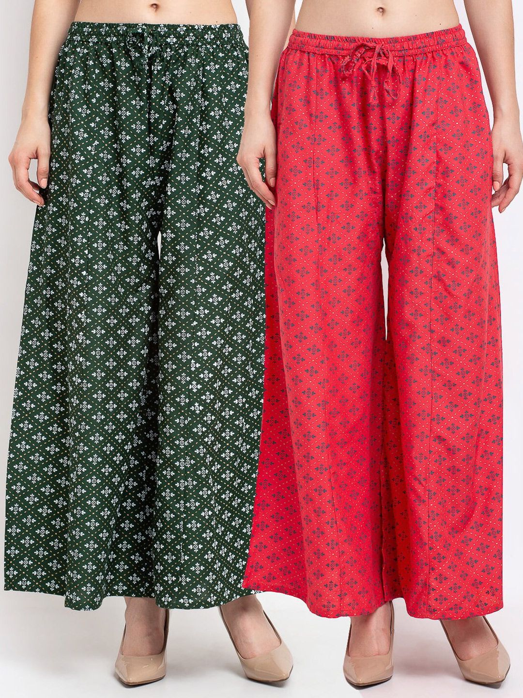 Jinfo Women Green & Orange Pack of 2 Floral Printed Flared Ethnic Palazzos Price in India