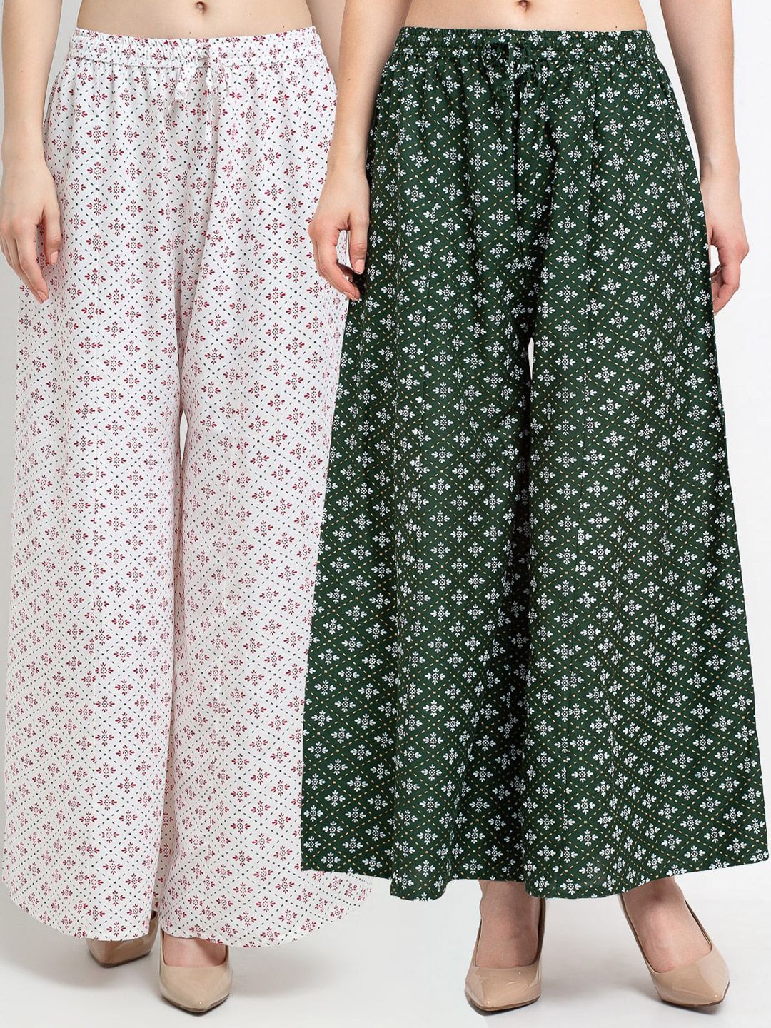 Jinfo Women White & Green Set Of 2 Printed Flared Ethnic Palazzos Price in India