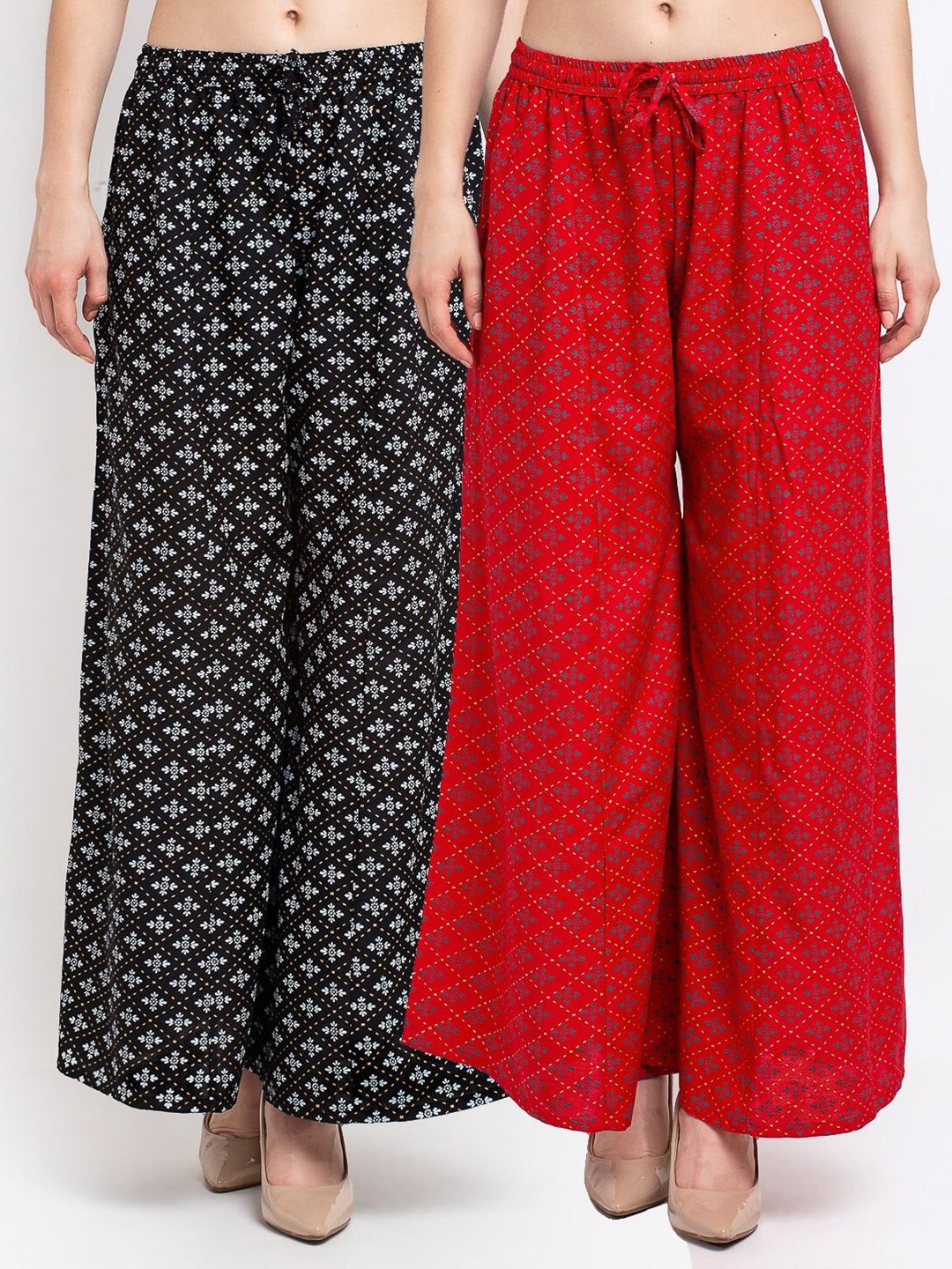 Jinfo Women Black & Red Set of 2 Printed Flared Knitted Ethnic Palazzos Price in India