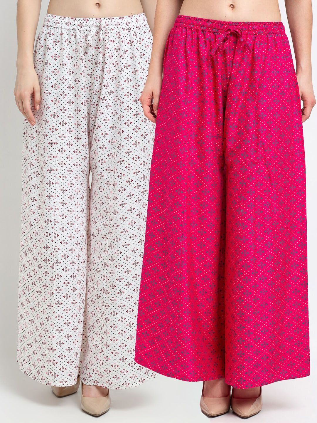 Jinfo Women White & Pink Pack of 2 Floral Printed Flared Ethnic Palazzos Price in India