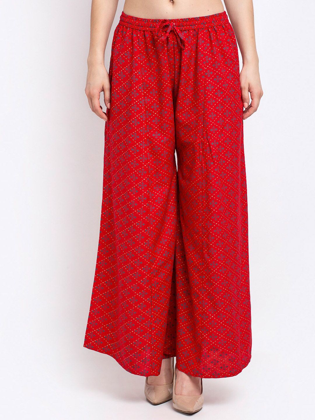 Jinfo Women Red & Blue Ethnic Motifs Printed Flared Palazzos Price in India