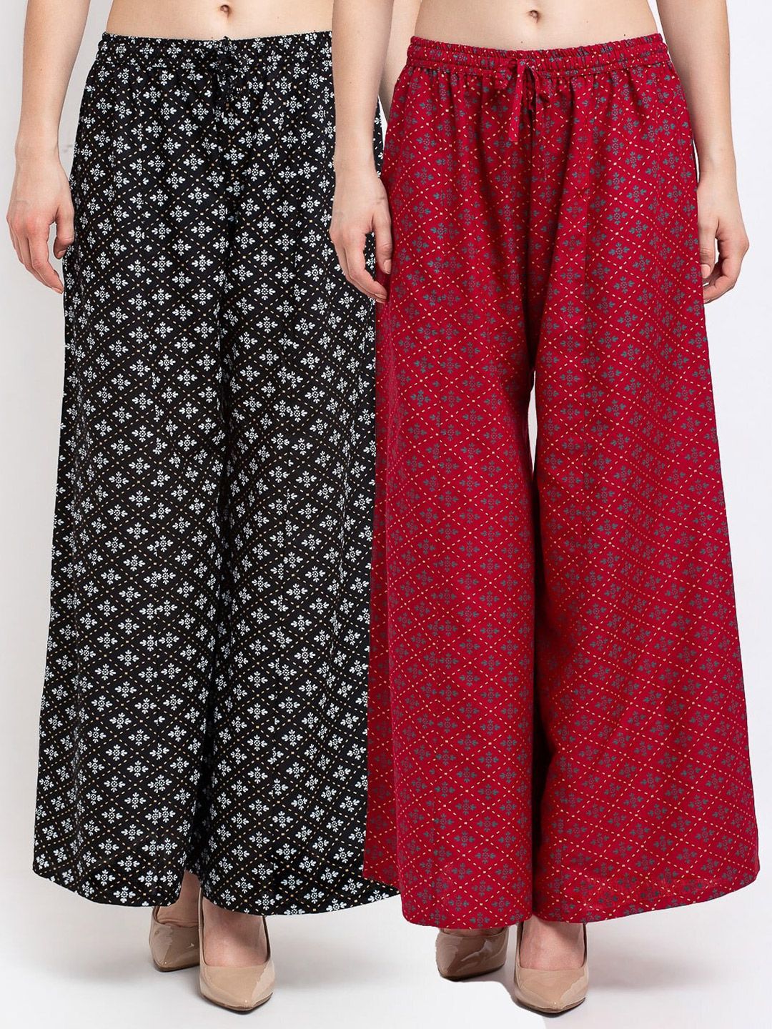 Jinfo Women Black & Maroon Set Of 2 Ethnic Motifs Printed Flared Knitted Ethnic Palazzos Price in India