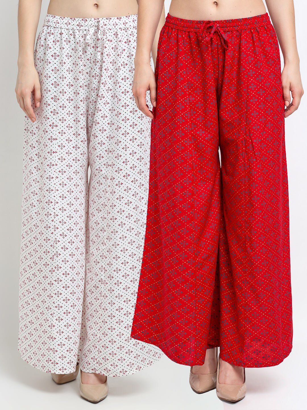 Jinfo Women White & Red Set Of 2 Printed Flared Knitted Ethnic Palazzos Price in India