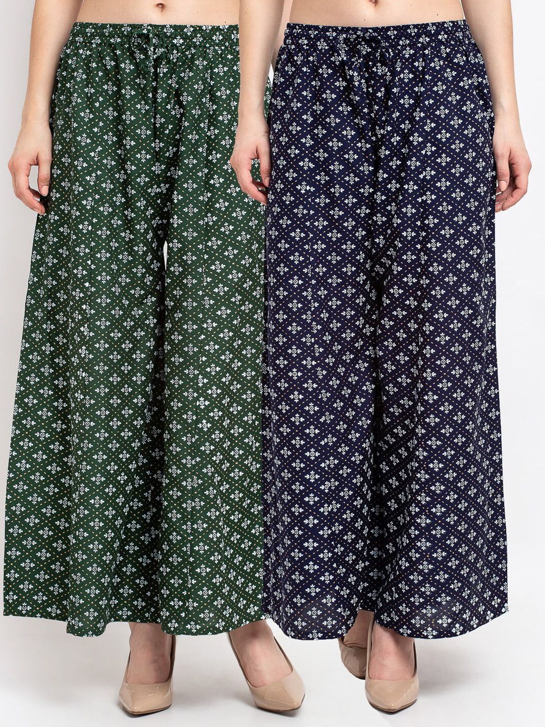 Jinfo Women Green & Navy Blue Set Of 2 Ethnic Motifs Printed Flared Ethnic Palazzos Price in India