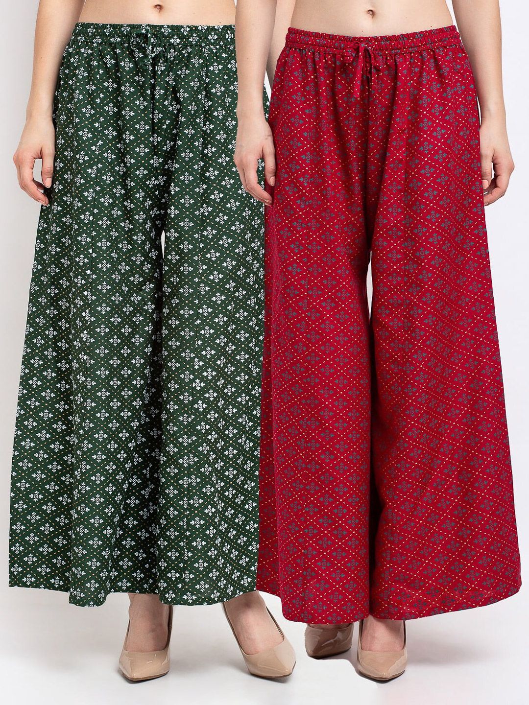 Jinfo Women Green & Maroon Set Of 2 Printed Flared Ethnic Palazzos Price in India