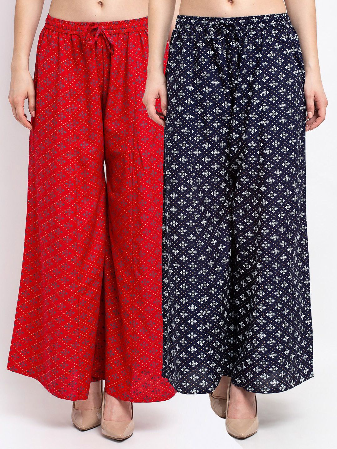 Jinfo Women Red & Navy Blue Pack of 2 Floral Printed Flared Ethnic Palazzos Price in India