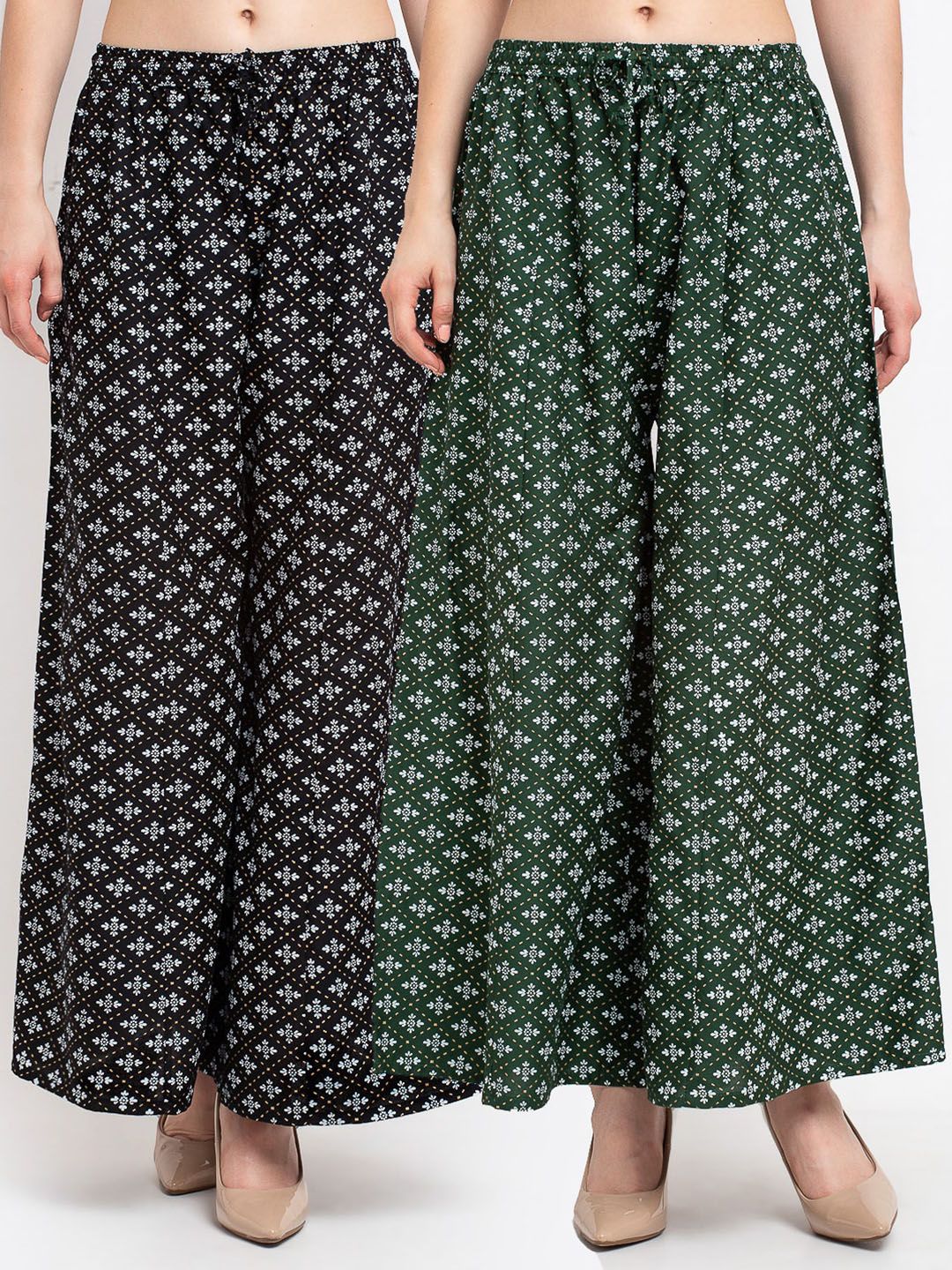 Jinfo Women Black & Green Set Of 2 Ethnic Motifs Printed Flared Knitted Ethnic Palazzos Price in India