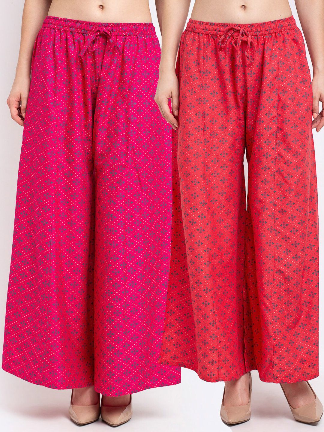 Jinfo Women Pink & Blue Set of 2 Printed Flared Knitted Ethnic Palazzos Price in India