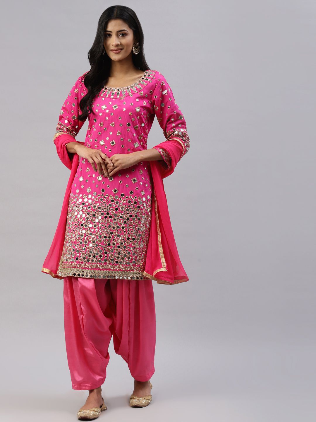 Readiprint Fashions Pink & Beige Embroidered Raw Silk Unstitched Dress Material Price in India