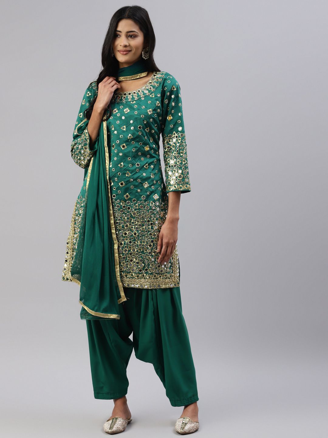 Readiprint Fashions Green Embellished Raw Silk Unstitched Dress Material Price in India