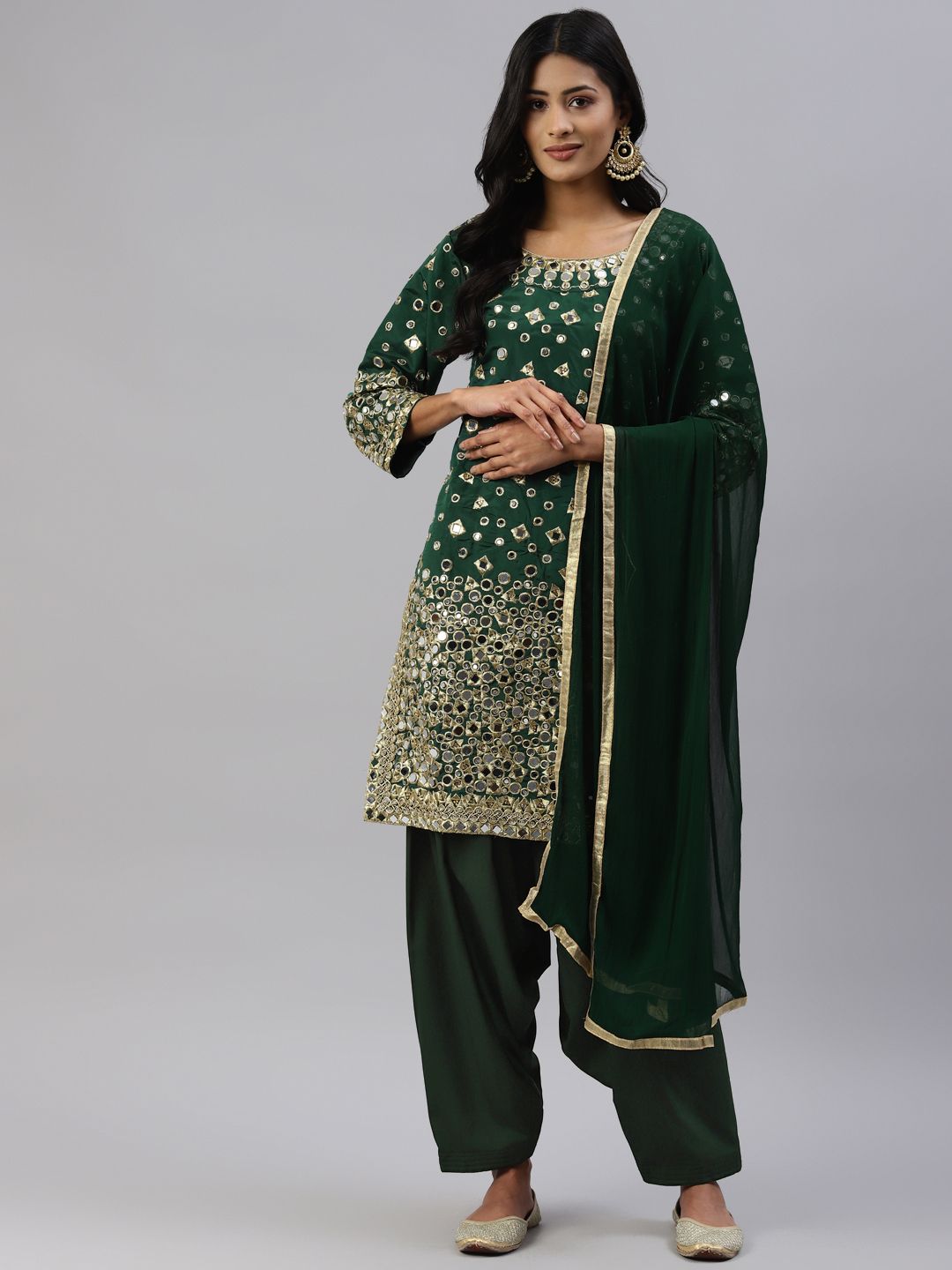 Readiprint Fashions Green Embroidered Raw Silk Unstitched Dress Material Price in India