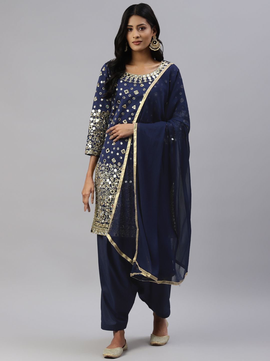 Readiprint Fashions Navy Blue Embroidered Raw Silk Unstitched Dress Material Price in India