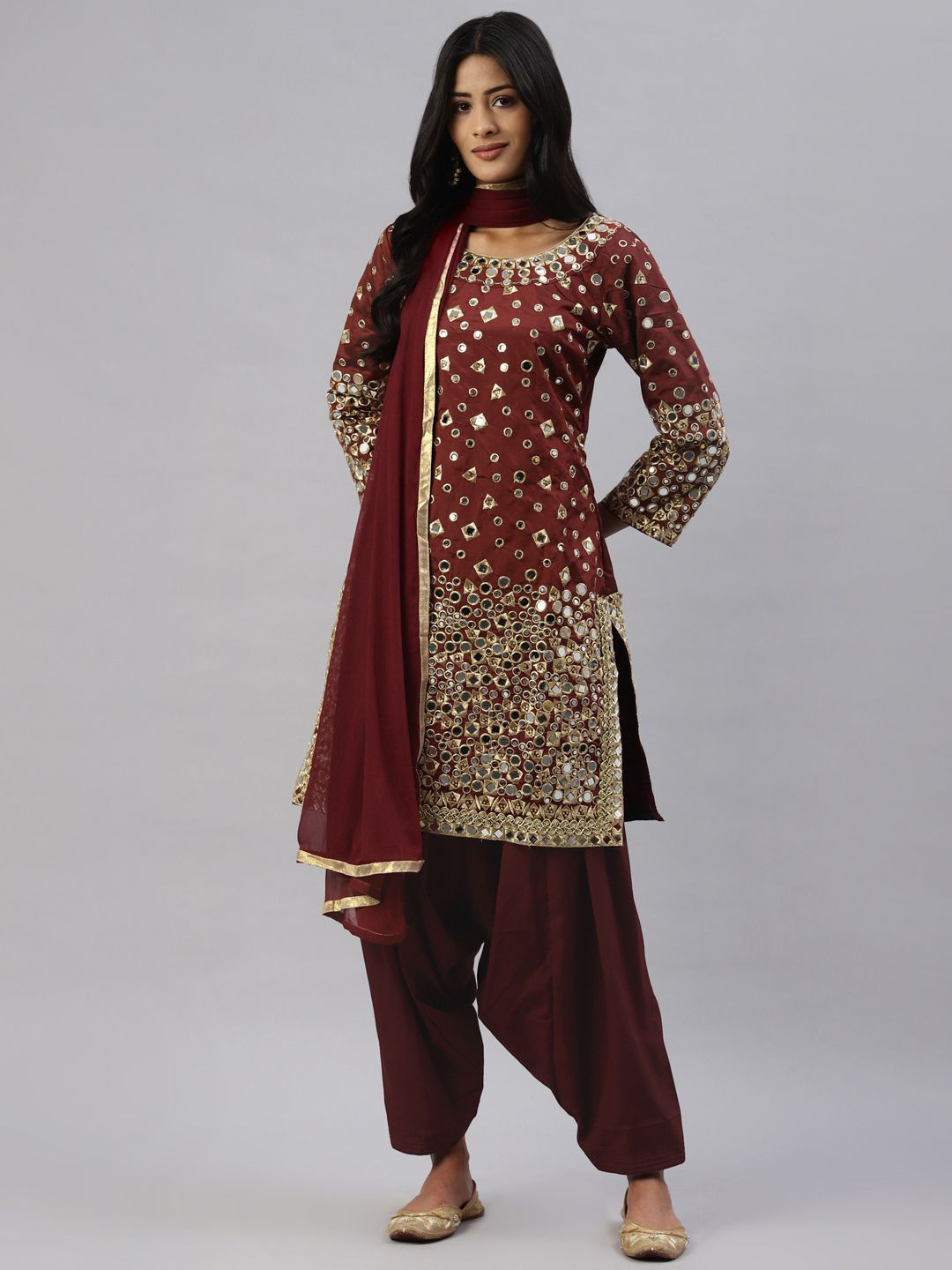 Readiprint Fashions Maroon Embroidered Raw Silk Unstitched Dress Material Price in India