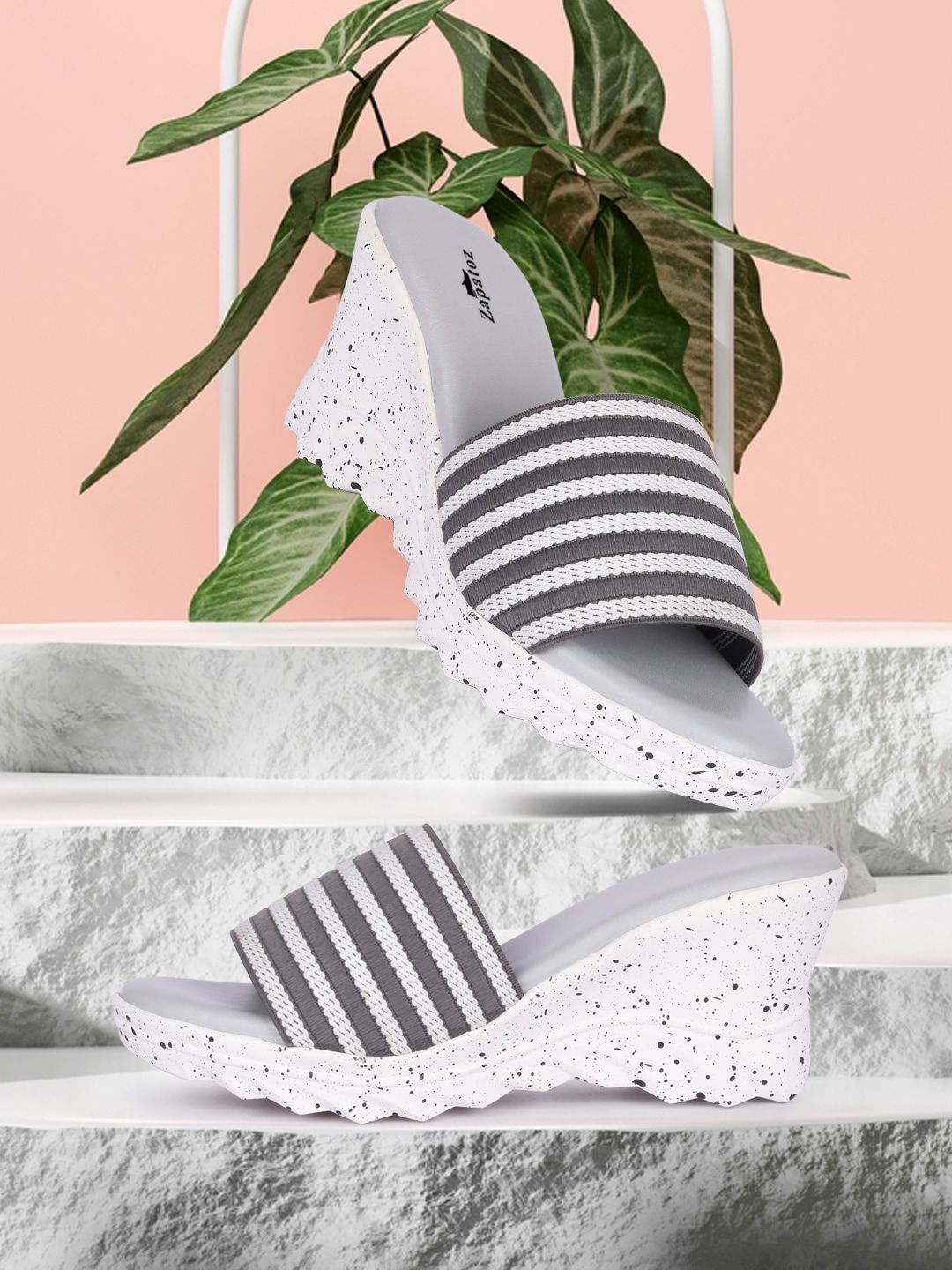 ZAPATOZ Women Grey & White Striped Wedge Heels Price in India