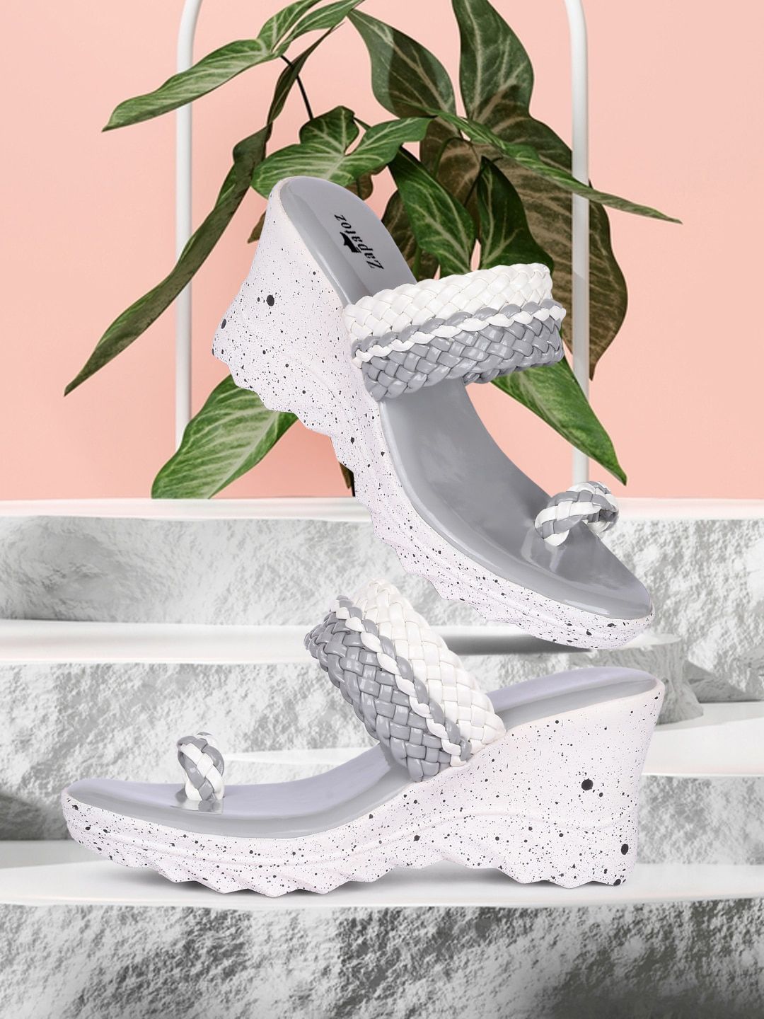 ZAPATOZ Grey & Off-White Braided PU Wedge Heels Price in India