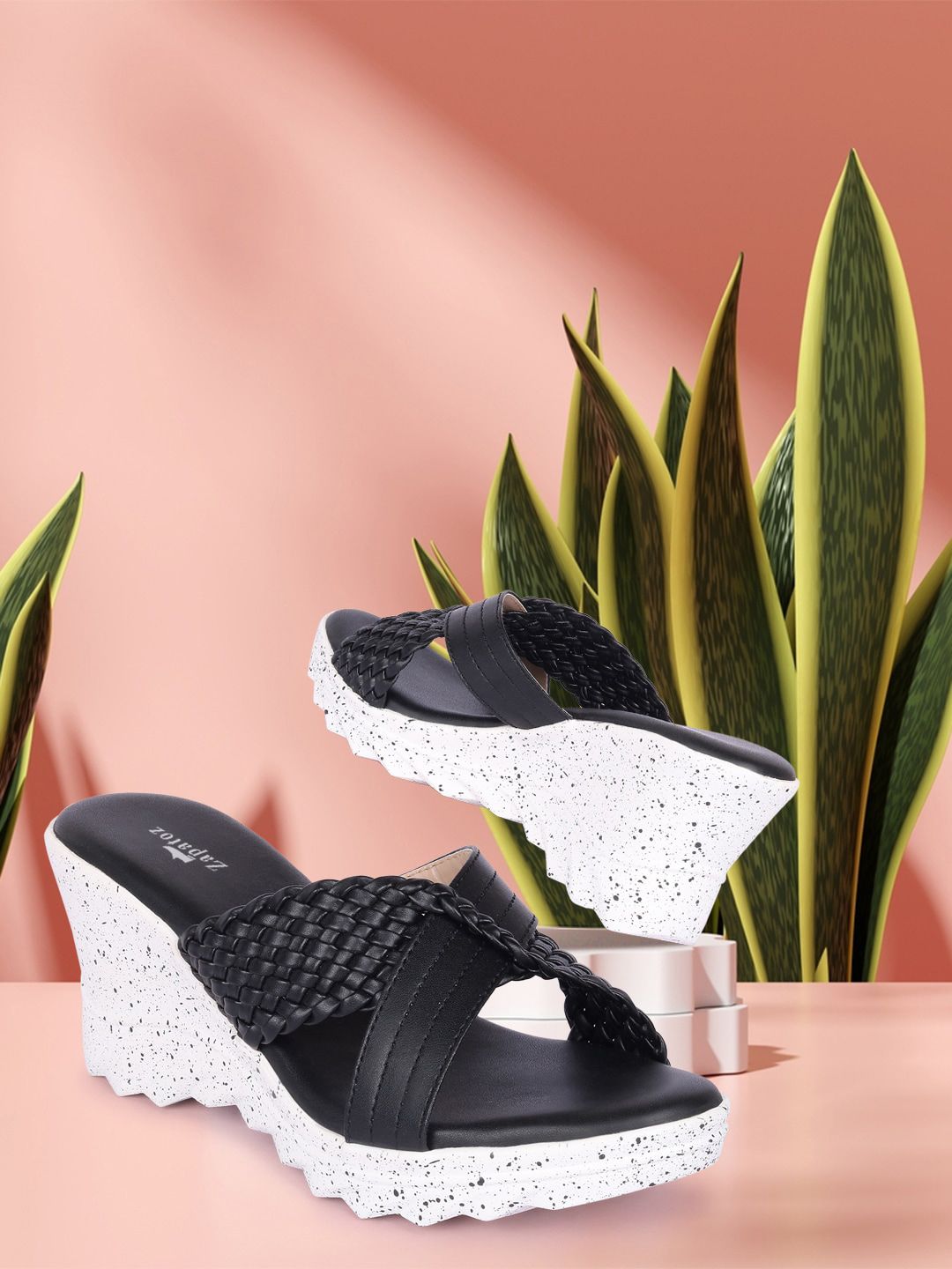 ZAPATOZ Women Black Textured PU Wedge Sandals Price in India