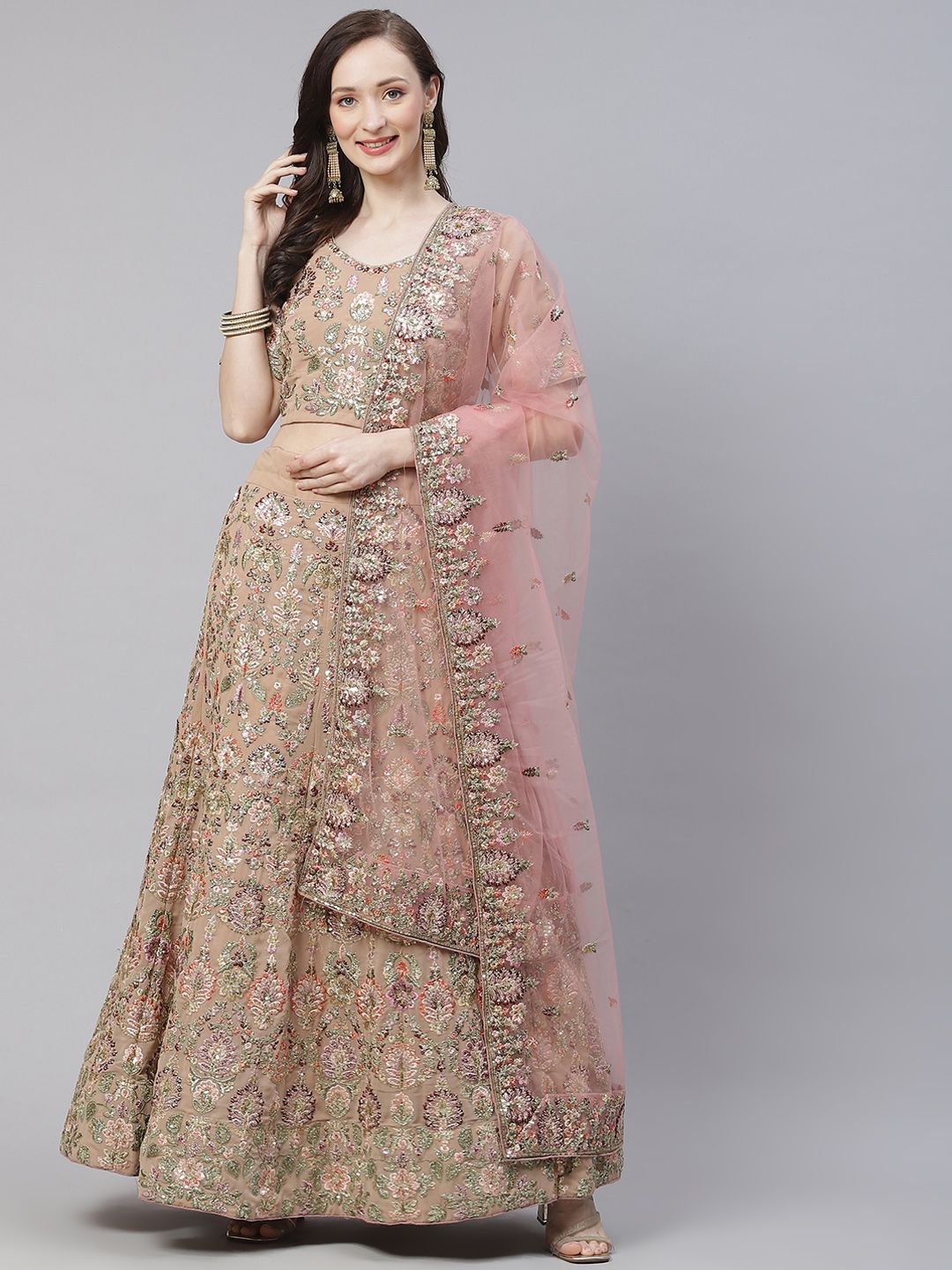 Readiprint Fashions Beige & Pink Embroidered Sequinned Semi-Stitched Lehenga & Unstitched Blouse With Price in India