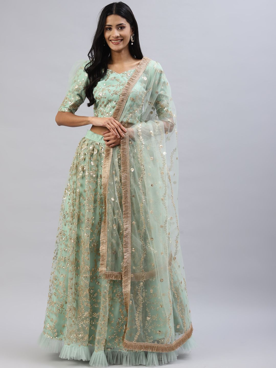 Readiprint Fashions Women Green Sequinned  Lehenga & Choli With Dupatta Price in India