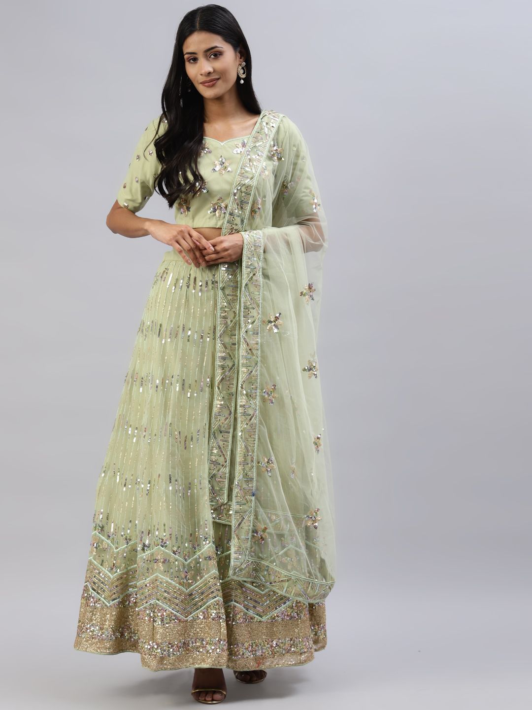 Readiprint Fashions Women Green Sequinned Lehenga & Choli With Dupatta Price in India