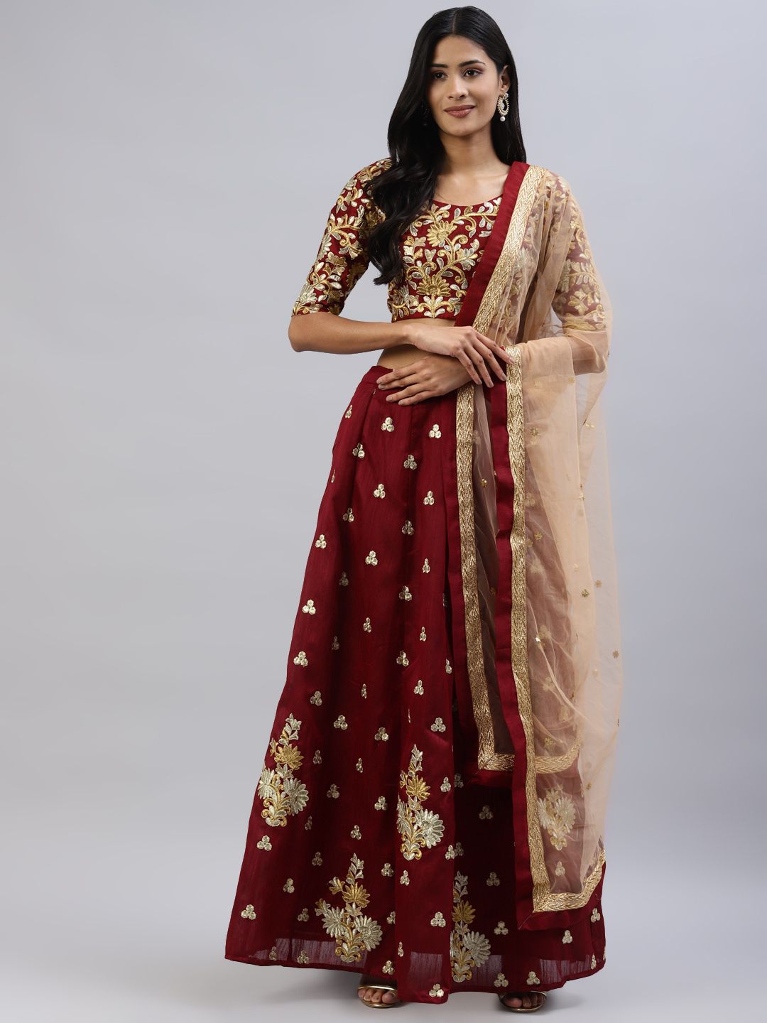 Readiprint Fashions Women Maroon & Beige Embroidered Lehenga & Choli With Dupatta Price in India