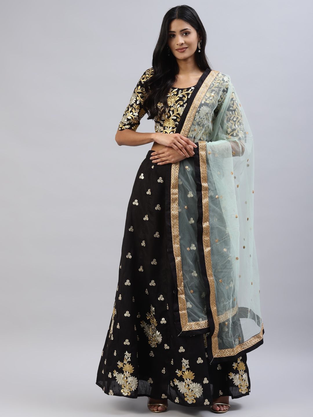 Readiprint Fashions Women Black & Green Embroidered Lehenga & Choli With Dupatta Price in India