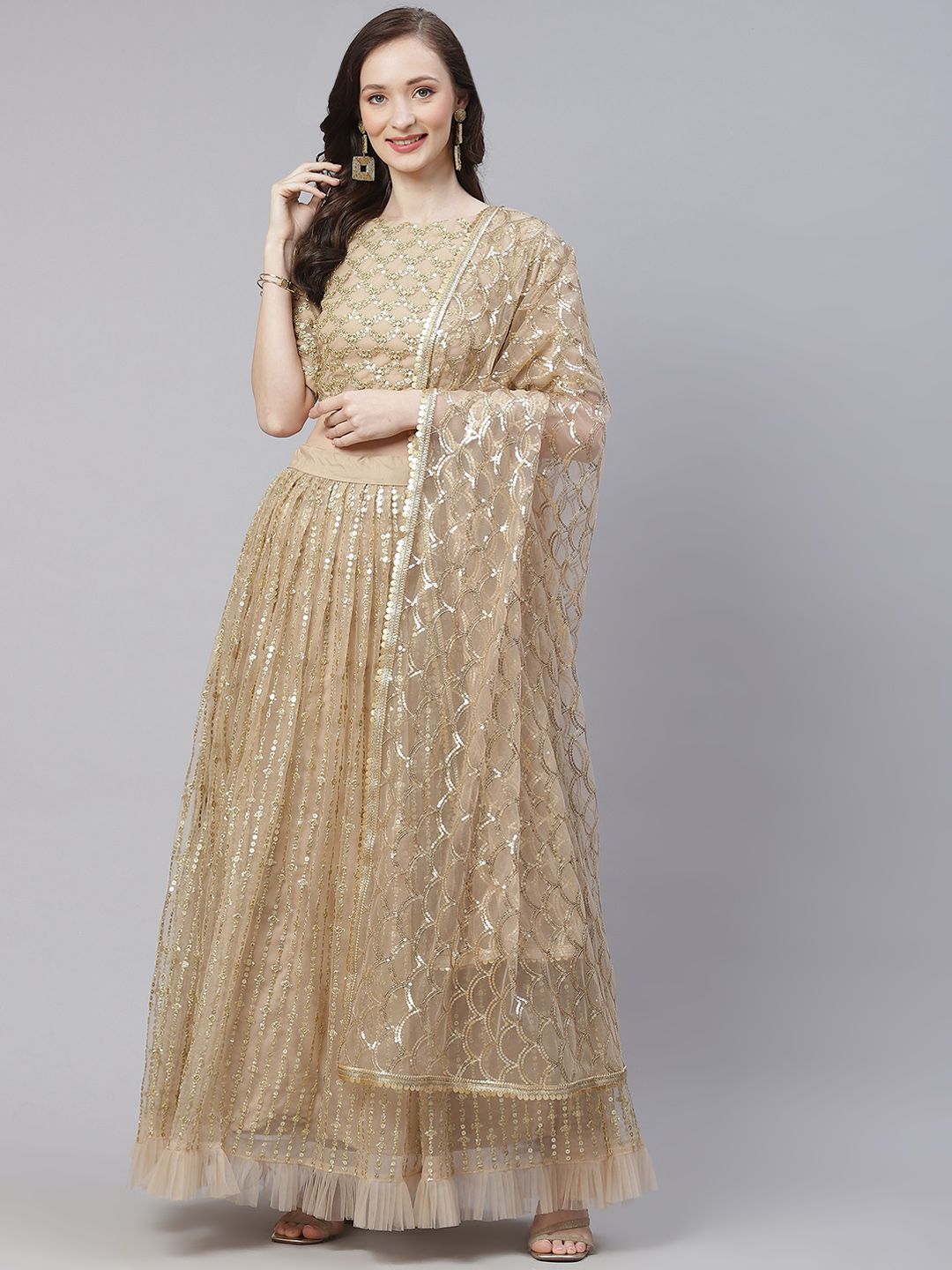 Readiprint Fashions Beige Embroidered Sequinned Semi-Stitched Lehenga & Unstitched Blouse With Dupatta Price in India
