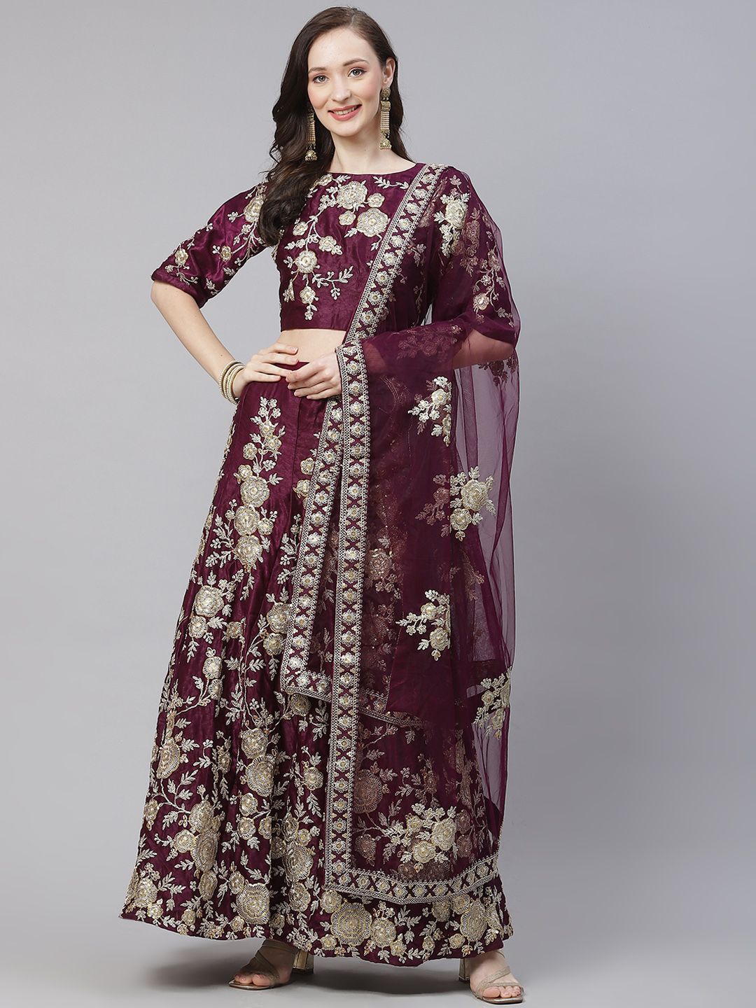 Readiprint Fashions Purple Embroidered Sequinned Semi-Stitched Lehenga & Unstitched Blouse With Dupatta Price in India
