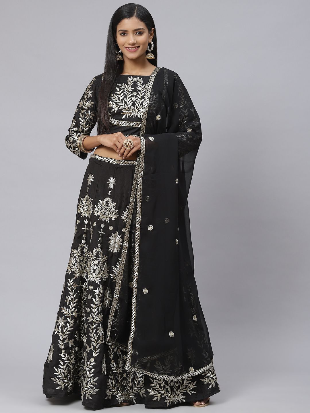 Readiprint Fashions Black & Silver-Toned Embroidered Semi-Stitched Lehenga & Unstitched Blouse With Dupatta Price in India