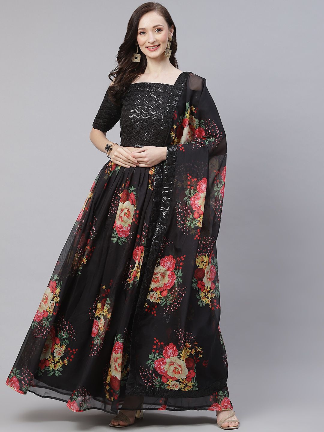 Readiprint Fashions Black & Red Embellished Sequinned Semi-Stitched Lehenga & Unstitched Blouse With Dupatta Price in India