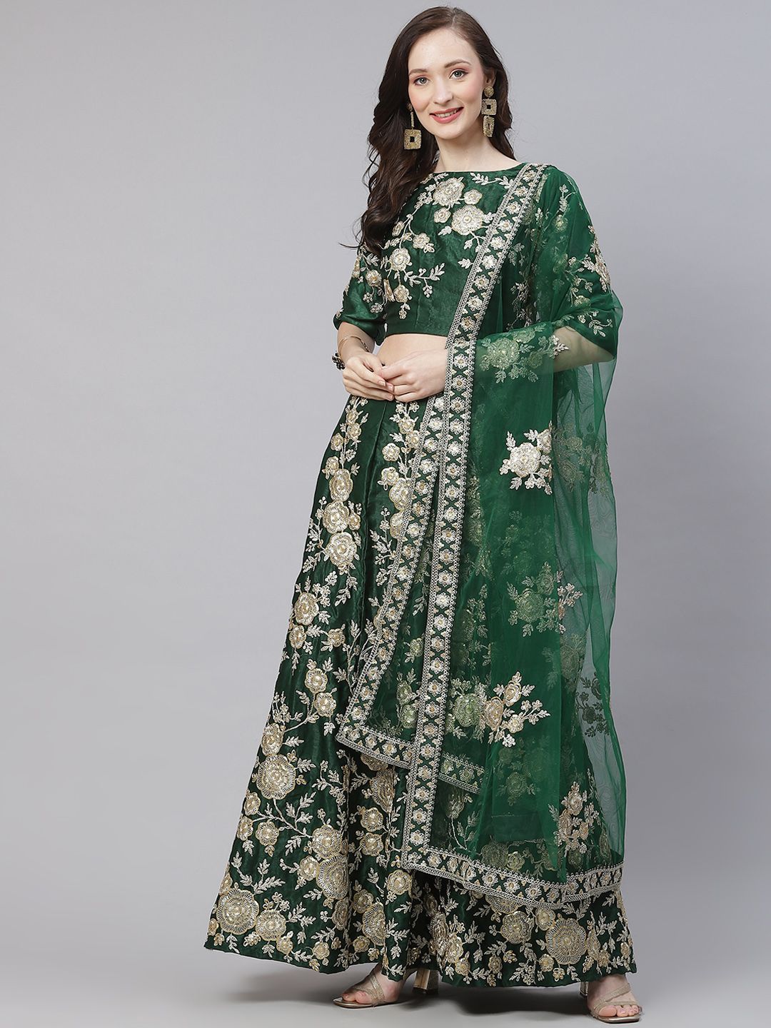 Readiprint Fashions Green Embroidered Sequinned Semi-Stitched Lehenga & Unstitched Blouse With Dupatta Price in India
