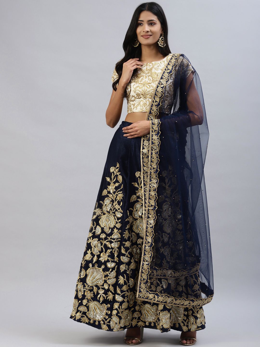 Readiprint Fashions Blue & Beige Embroidered Lehenga & Choli With Dupatta Price in India