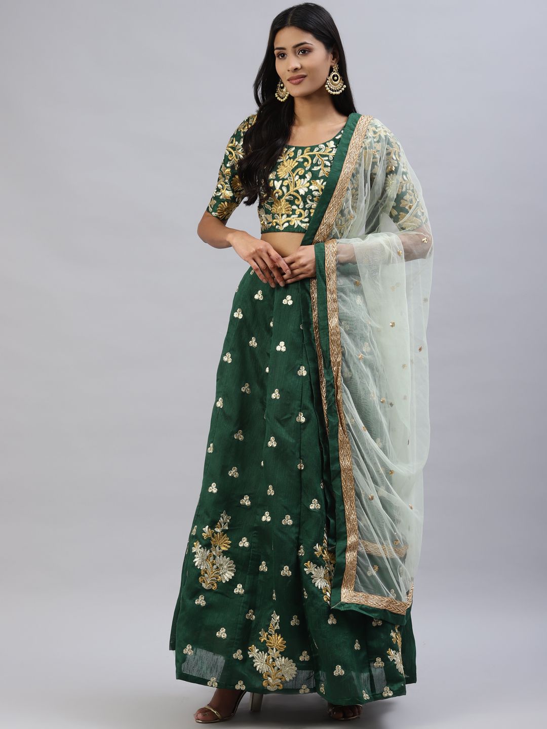 Readiprint Fashions Green & Grey Embroidered Lehenga & Choli With Dupatta Price in India