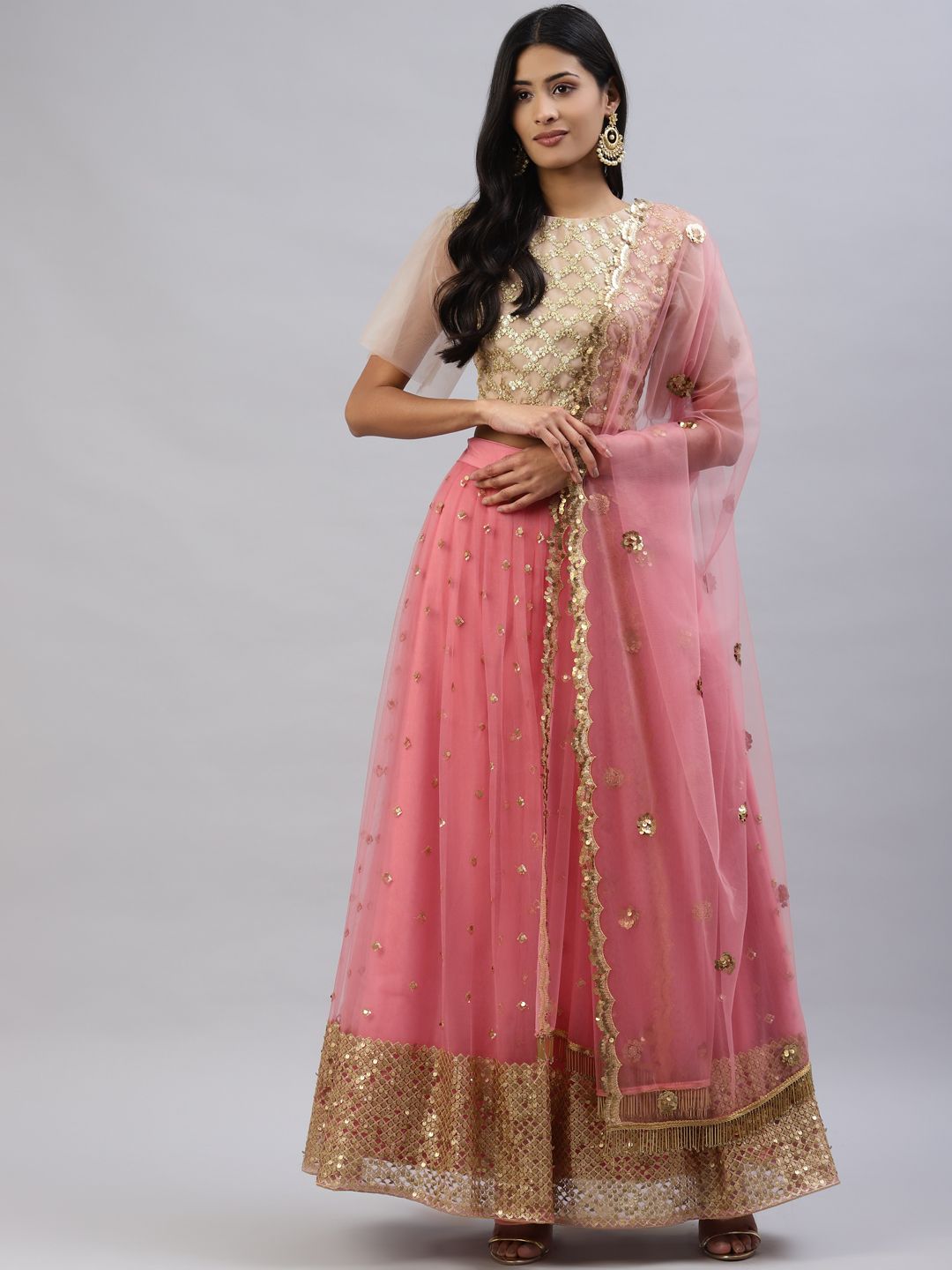 Readiprint Fashions Pink & Beige Sequinned Lehenga & Choli With Dupatta Price in India