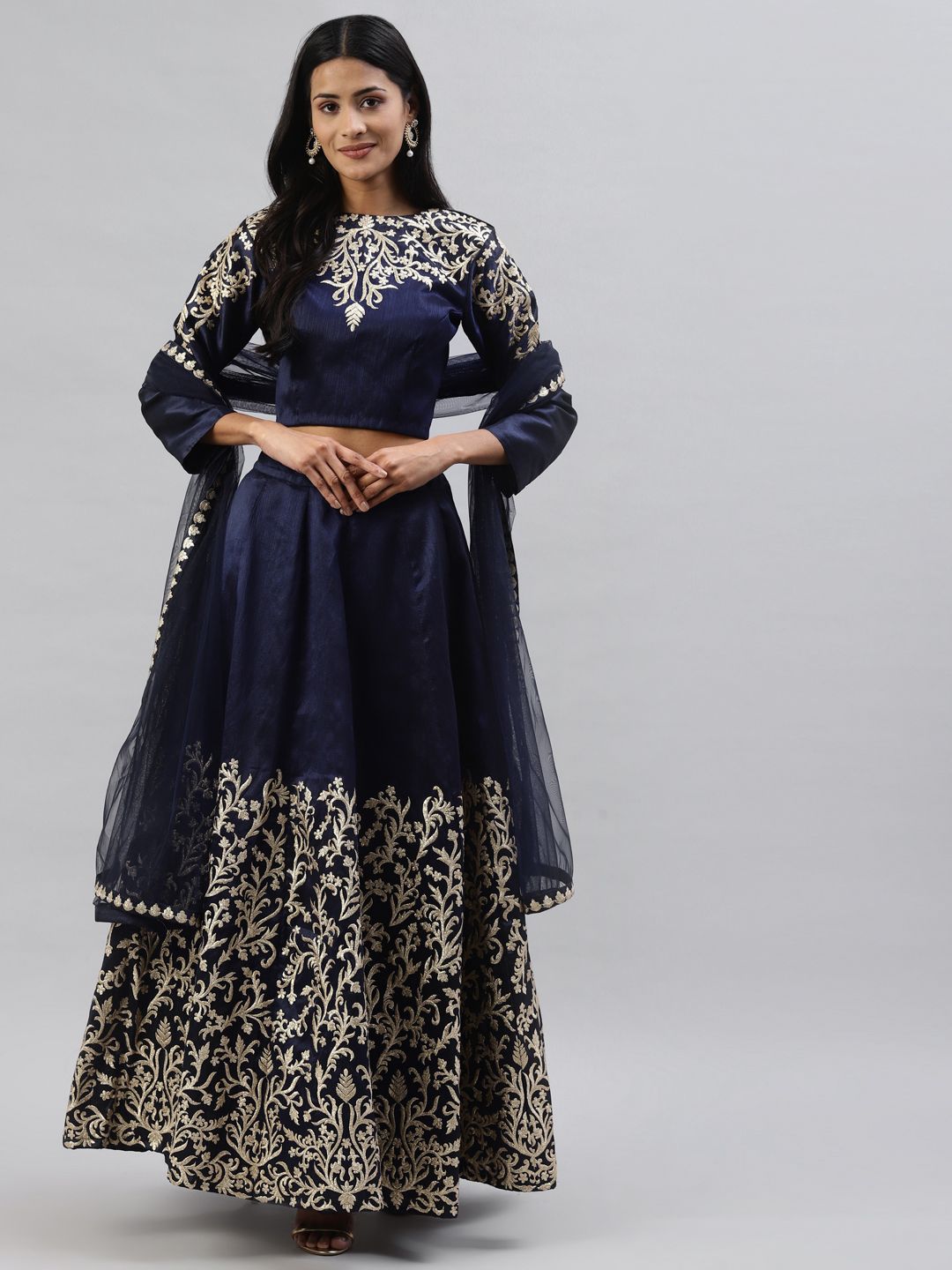 Readiprint Fashions Navy Blue Embroidered Semi-Stitched Lehenga & Unstitched Blouse With Dupatta Price in India