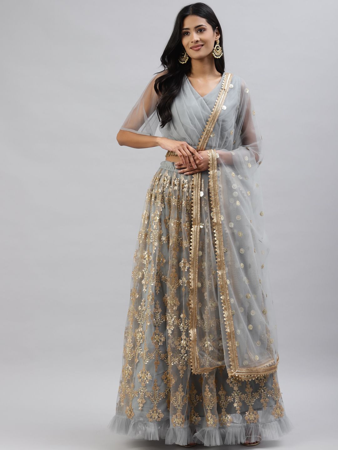 Readiprint Fashions Grey Embroidered Sequinned Semi-Stitched Lehenga & Unstitched Blouse With Dupatta Price in India