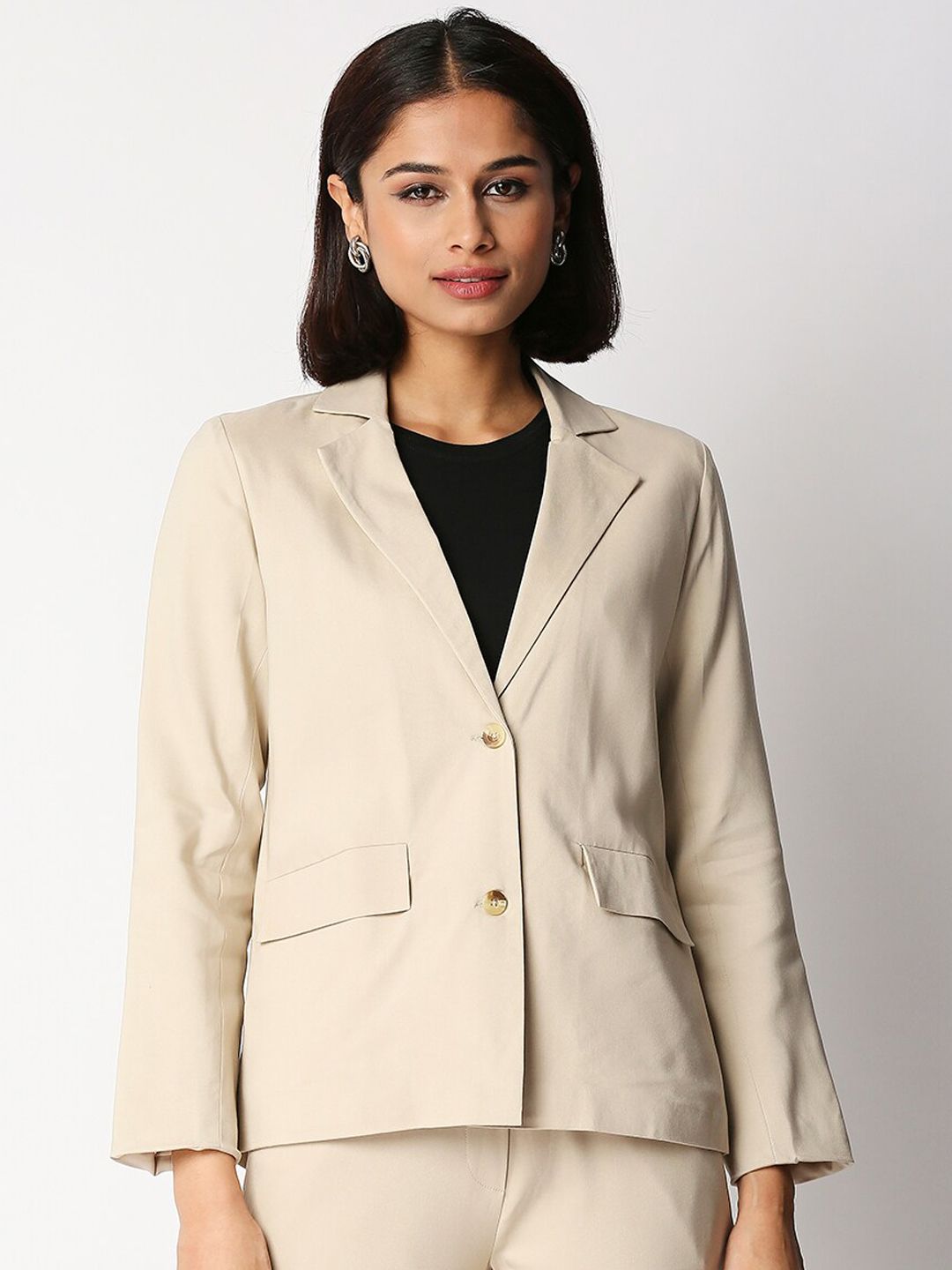 20Dresses Women Beige Solid Single-Breasted Formal Blazer Price in India