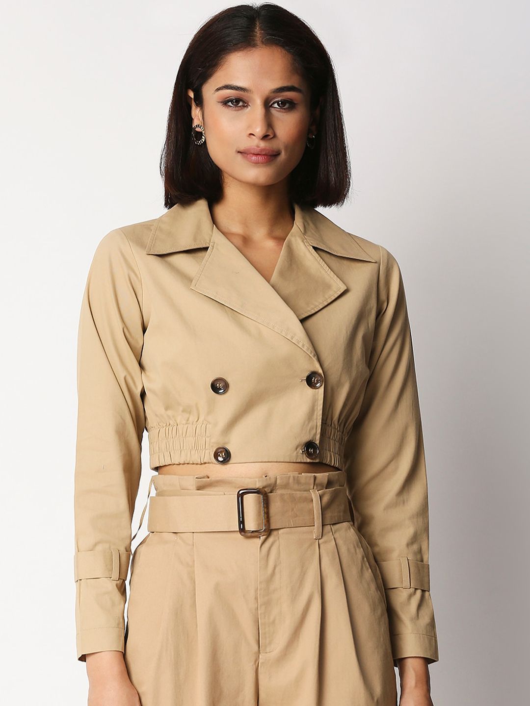 20Dresses Women Beige Solid Crop Outdoor Tailored Jacket Price in India