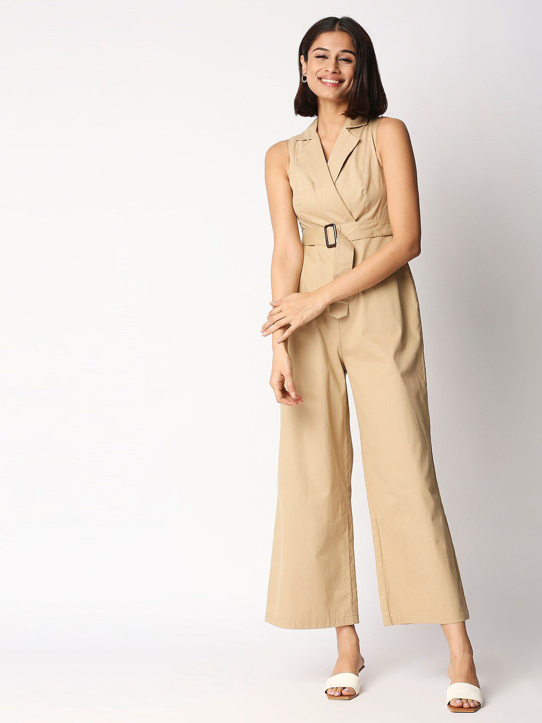 20Dresses Beige Belted Basic Jumpsuit Price in India