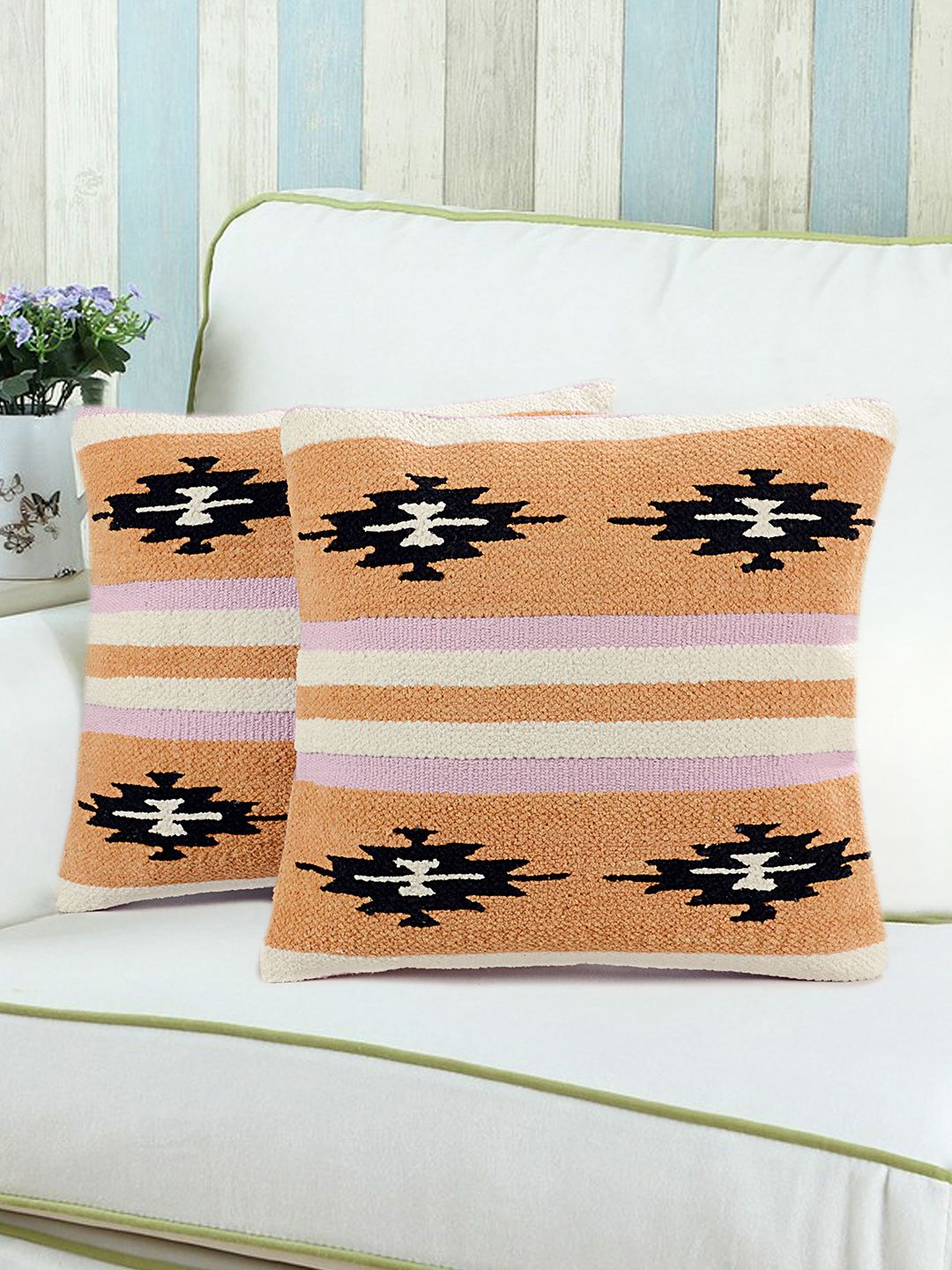 Saral Home Beige Set of 2 Patterned 18" x 18" Square Cushion Covers Price in India