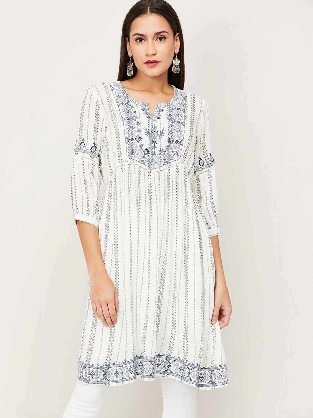 Colour Me by Melange Off White & Blue Viscose Rayon Printed Tunic Price in India