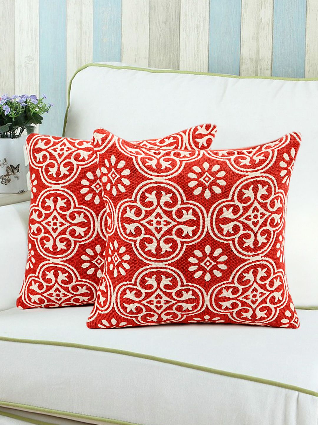 Saral Home Red Set of 2 Patterned 16" x 16" Square Cushion Covers Price in India