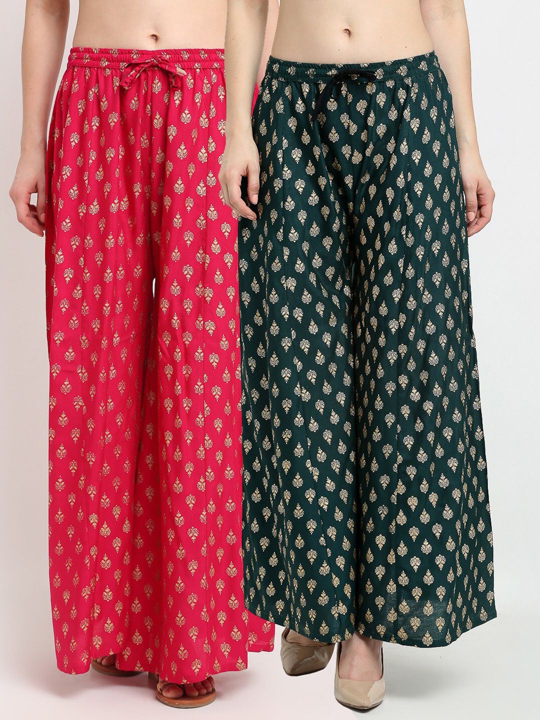 Jinfo Women Pink & Green Ethnic Motifs Printed Flared Ethnic Palazzos Set Of 2 Price in India