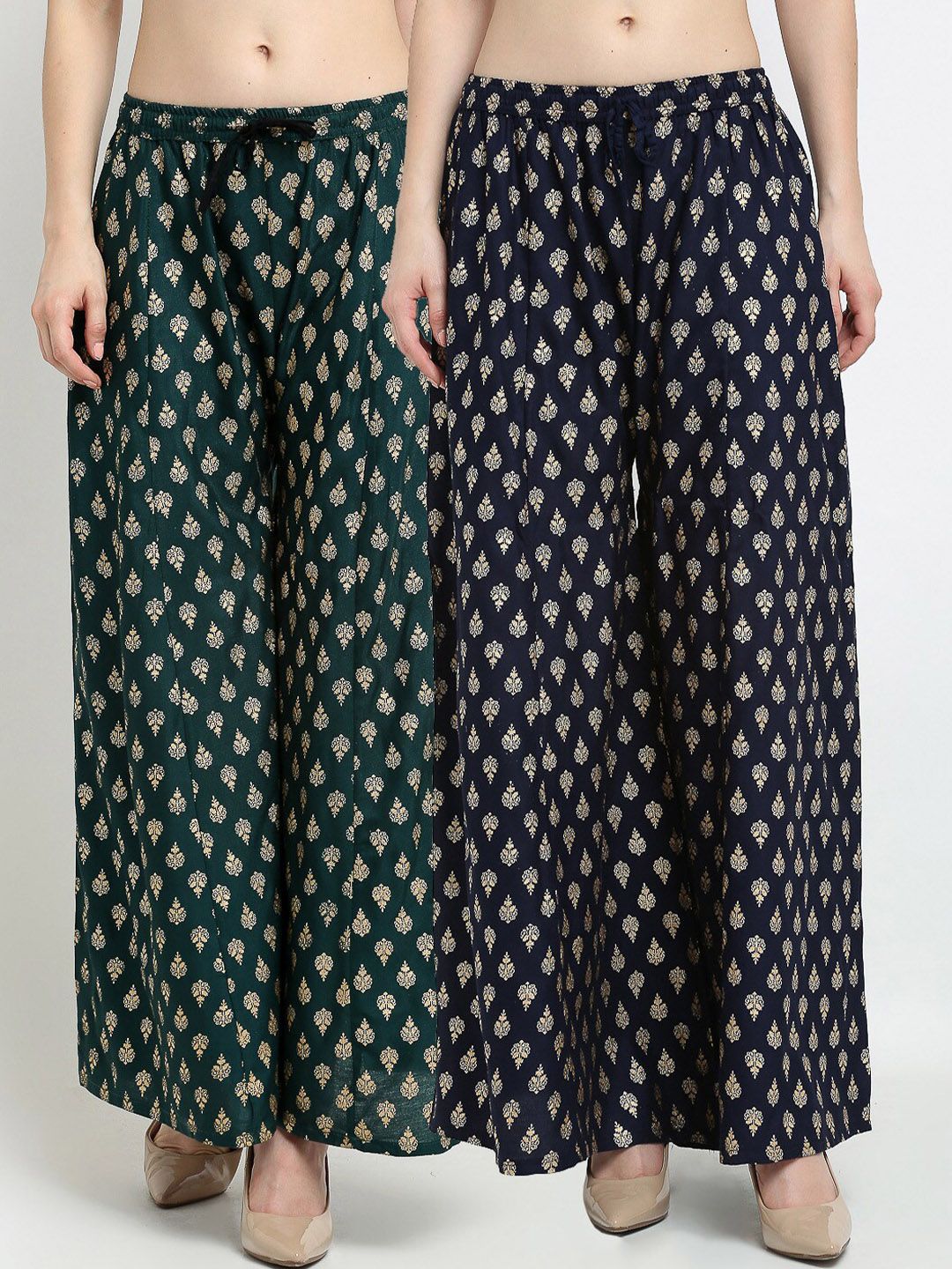 Jinfo Women Green & Navy Blue Set of 2 Printed Flared Knitted Ethnic Palazzos Price in India