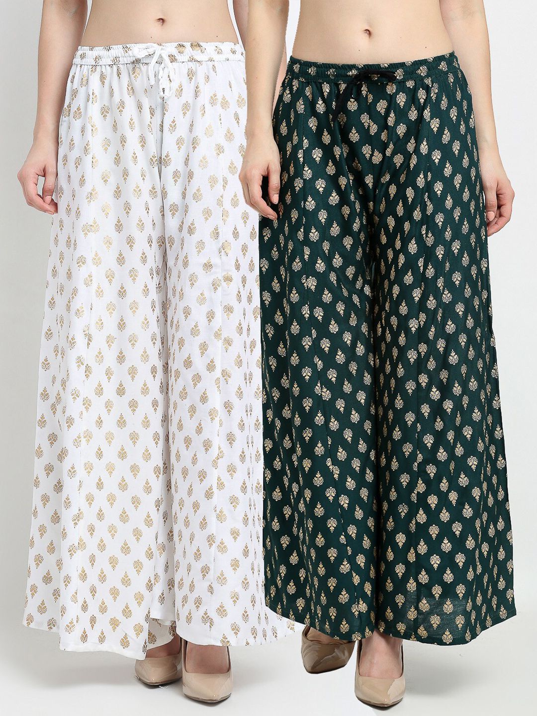 Jinfo Women White & Green Set Of 2 Ethnic Motifs Printed Flared Knitted Ethnic Palazzos Price in India