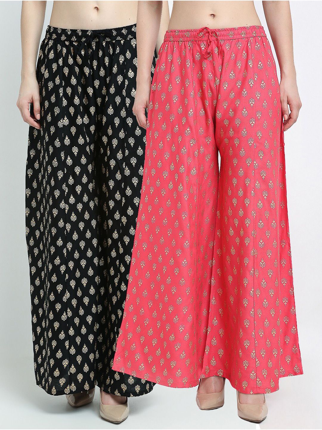 Jinfo Women Black & Pink Ethnic Motifs Printed Flared Ethnic Palazzos Set Of 2 Price in India