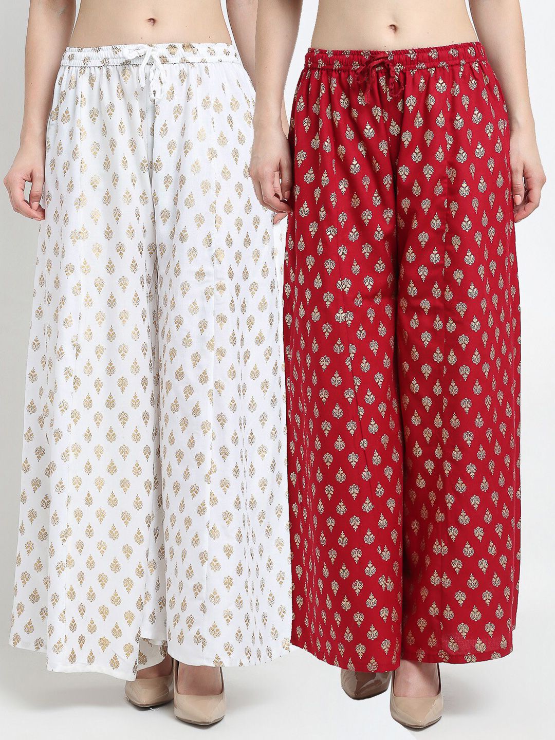 Jinfo Women White & Maroon Pack Of 2 Abstract Printed Flared Fit Palazzos Price in India