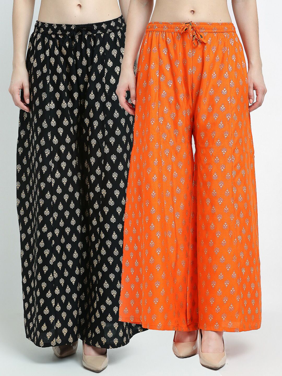 Jinfo Women Black & Orange 2 Ethnic Motifs Printed Flared Palazzos Price in India