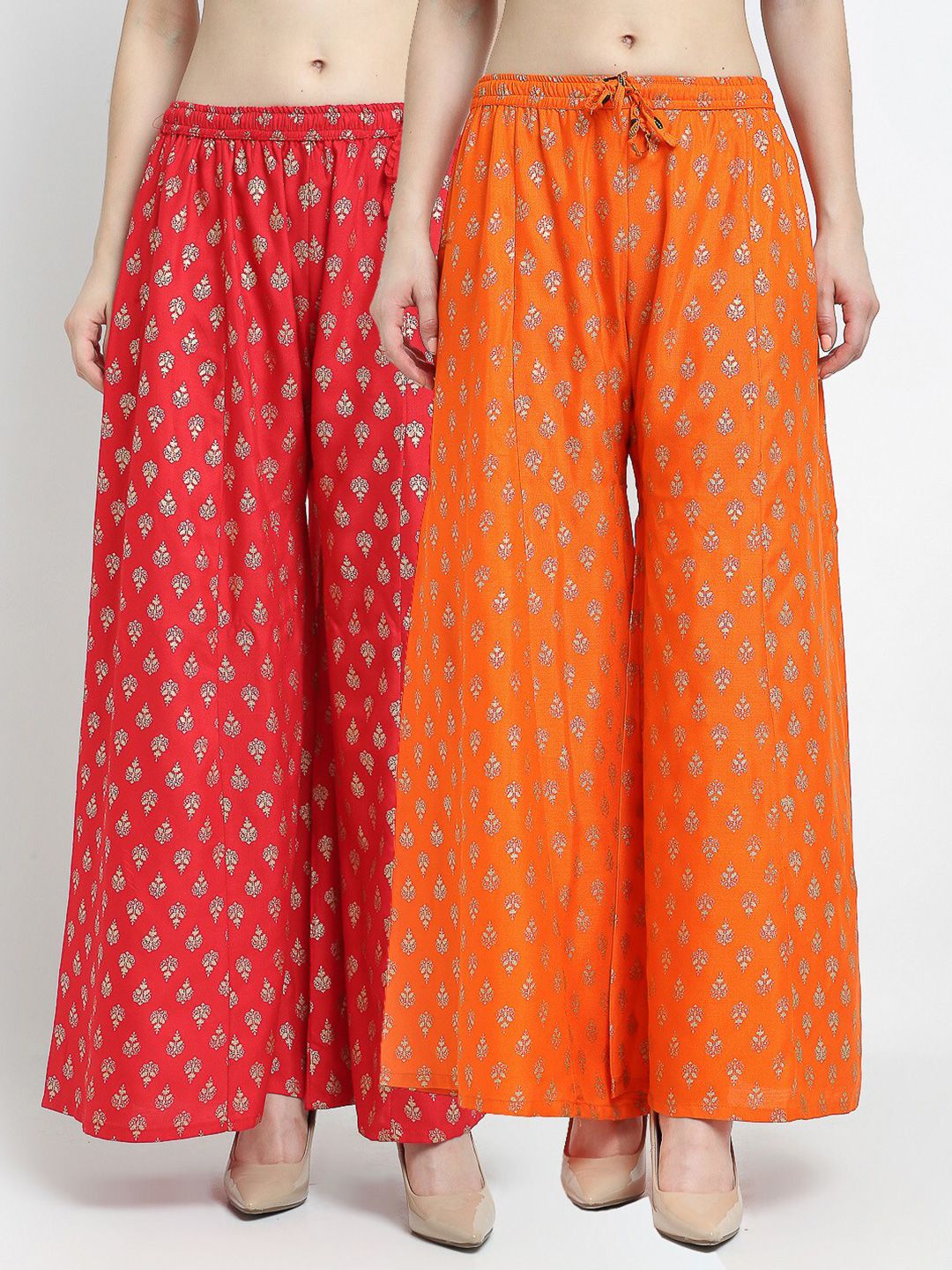 Jinfo Women Red & Orange Pack Of 2 Floral Printed Flared Ethnic Palazzos Price in India