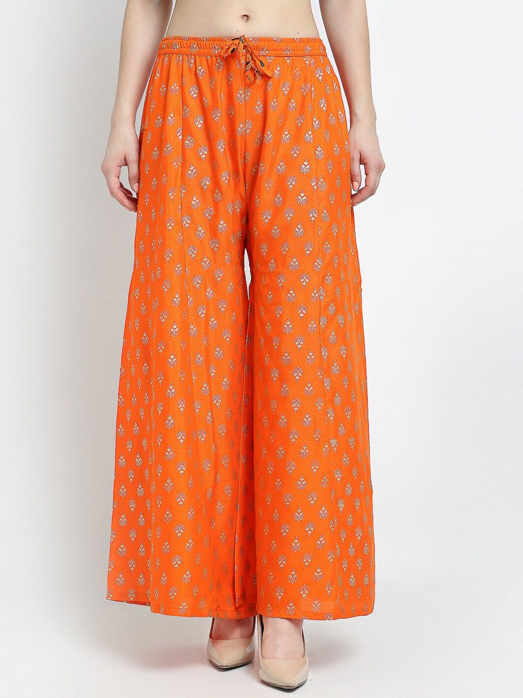 Jinfo Women Orange & Gold-Toned Ethnic Motifs Printed Flared Knitted Ethnic Palazzos Price in India